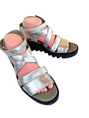 Fly London Bafy Ankle Strap Platform Wedge Sandals Silver EU 40 US 9/9.5
